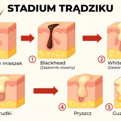 Ilustracja pokazuje etapy rozwoju trądziku na twarzy: od normalnego mieszka, przez zaskórniki, grudki, pryszcze, aż do guzków/torbieli.