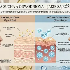Porównanie skóry suchej i odwodnionej. Ilustracja pokazuje różnice w budowie skóry, podkreślając znaczenie nawodnienia.