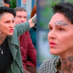 Agnieszka Chylińska z tatuażami na twarzy i szyi, w kratkowanej marynarce, mówi do ludzi. W tle widać inne osoby.