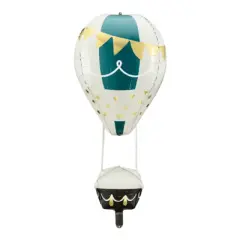 Biały balon w kształcie statku powietrznego z turkusowymi i złotymi gwiazdkami, idealny do zabawy z balonami dla niemowląt.