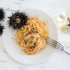 Seeigel-Spaghetti auf einem Teller, daneben rohe Seeigel. Man kann Seeigel essen und sie sind eine Delikatesse.
