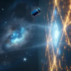 Niebieska budka policyjna leci przez kosmos, w stronę świetlistego portalu. To właśnie kosmos, pełen gwiazd i mgławic.