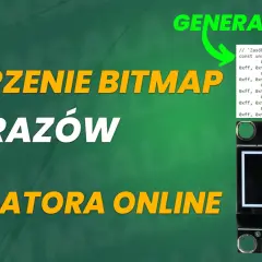 Poradnik tworzenia bitmap z obrazów na bazie generatora online. Widoczny kod i wyświetlacz OLED z ikoną.