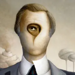 A surreal portrait in graphic realism depicts a man with an eye in a hole where his mouth should be, set against a dreamlike landscape with tiered mountains and strange trees.