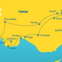 Mapa pokazuje trasę wycieczki objazdowej po Turcji, obejmującą Pamukkale, Konyę, Kapadocję (Göreme, Saratli, Sultanhanı) oraz wybrzeże z Dalamanem, Fethiye, Patarą, Saklikent, Antalyą i Perge.