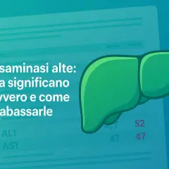 Fegato stilizzato accanto a testo che spiega cosa significano le transaminasi alte e come abbassarle velocemente.