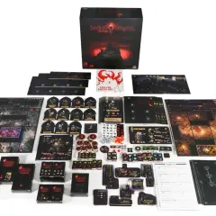 Wszystkie elementy gry planszowej Darkest Dungeon: The Board Game, w tym plansze, karty postaci, żetony i pudełko.