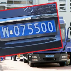 Niebieskie tablice rejestracyjne z numerem W-075500 na samochodzie i W-065607 na ciężarówce.