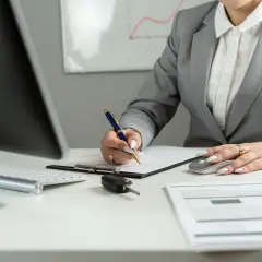 Kobieta w garniturze podpisuje dokumenty, obok kluczyki do auta i myszka. Zastanawia się, ile za km delegacji.