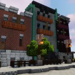 Budynki w stylu Minecraft, z cegły i kamienia, z balkonami i latarniami. Wspaniały przykład architectury mod.