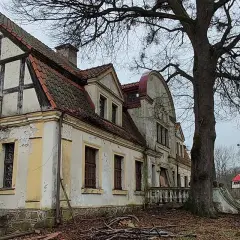 Zniszczony dworek w Paraszyne, z charakterystyczną architekturą i opadającą fasadą, otoczony drzewami.