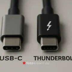 Zwei USB-C-Kabel, eines mit Blitzsymbol (Thunderbolt 3) für schnelle externe Festplatte anschluss, daneben ein Standard-USB-C-Kabel.