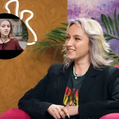 Uśmiechnięta Hania w czarnej marynarce, w okrągłym kadrze widać jej młodsze wcielenie.
