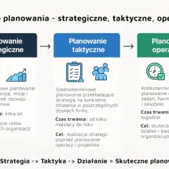 Rodzaje planowania: strategiczne (wizja, misja), taktyczne (przekładanie strategii na działania) i operacyjne (codzienne zadania).