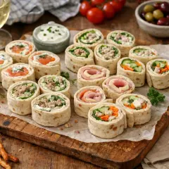 Un assortiment coloré de wrap apéro, garni de saumon, viande hachée, jambon et crudités, prêt à régaler.
