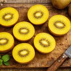 Goldene Kiwis, aufgeschnitten auf einem Holzbrett, zeigen ihr leuchtendes Fruchtfleisch und die schwarzen Kerne. Ein Messer und Minzblätter liegen daneben. Kiwi gesund und lecker!
