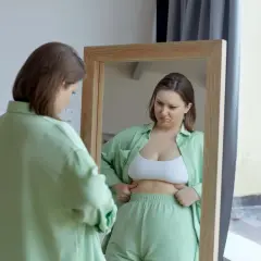 Kobieta w lustrze analizuje swoje ciało, szukając oznak spalania tłuszczu.