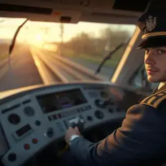 Maszynista Intercity w kabinie, patrzący w obiektyw. Zachód słońca za oknem. Ciekawe, ile zarabia maszynista w Intercity?
