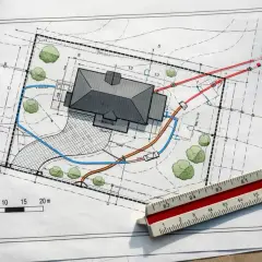 Plan zagospodarowania terenu z zaznaczoną linią zabudowy, domem, drogą dojazdową i instalacjami. Skala i linijka wskazują wymiary.