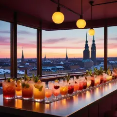 En rad färgglada drinkar på en cocktailbar i Stockholm med utsikt över staden vid solnedgången.