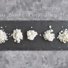Kolaże sera zmielonego na sernik różnymi metodami: praska, blender, maszynka 1, 2, 3 razy.
