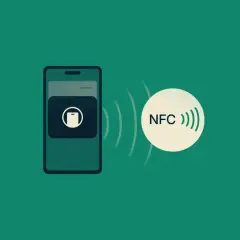 Telefon z ikoną płatności zbliżeniowych i symbolem NFC, gotowy do szybkiego transferu danych.