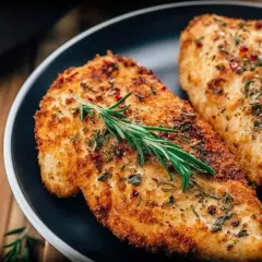 Złociste, chrupiące filet z kurczaka z air fryer, przyprawione ziołami i podane z gałązką rozmarynu. Idealne na szybki obiad.