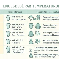 Guide pour comment s'habiller selon la température pour bébé : de la canicule à l'hiver, avec tenues intérieures et extérieures adaptées.