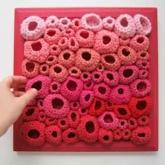 Opera d'arte in freeform crochet con forme tondeggianti rosa e rosse su telaio rosso. Una mano sfiora le creazioni.