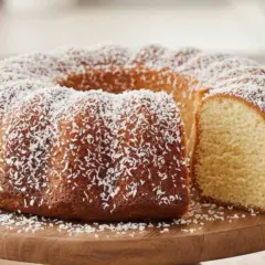 Ciambella al cocco dorata e soffice, cosparsa di scaglie bianche su un tagliere di legno.