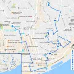 Map showing a walking route for what to do in Lisbon for a day, hitting key landmarks like São Jorge Castle and viewpoints.