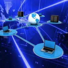 Conexión global de dispositivos y servidores, representando la red y el protocolo NTP para sincronización horaria.