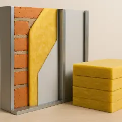 Sección de muro con ladrillos, aislamiento de fibra de vidrio amarillo y panel gris. Bloques de fibra de vidrio apilados al lado.