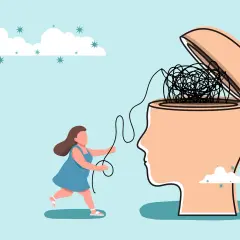 Dziewczynka próbuje rozplątać kłębek myśli w otwartej głowie, symbolizując różne nurty psychoterapii i drogę do zdrowia psychicznego.