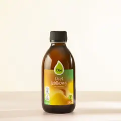 Butelka octu jabłkowego Olini. Naturalny produkt wspierający organizm, np. w walce ze śluzem.