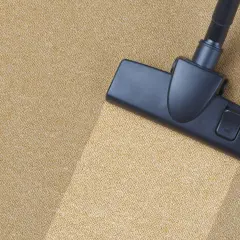Cabezal de aspiradora limpiando una alfombra beige. Un ejemplo visual de como limpiar una alfombra para dejarla impecable.
