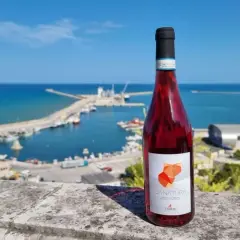 Bottiglia di Cerasuolo d'Abruzzo con etichetta "Canatura" su sfondo di un porto con mare blu e cielo limpido.