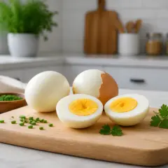 Œufs durs parfaits, un entier et deux coupés en deux, sur une planche en bois avec de la ciboulette.