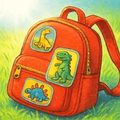 Czerwony plecak dziecięcy z naszywkami dinozaurów na trawie.