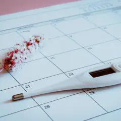 Termometr i kwiat na kalendarzu, symbolizujące dni płodne i cykl menstruacyjny.