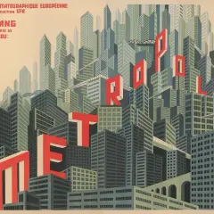Poster di Metropolis, un film di Fritz Lang. La città futuristica è rappresentata con grattacieli imponenti, un esempio di diversi tipi di film in inglese.