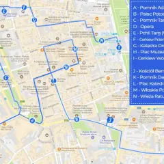 Mapa Lwowa z zaznaczoną trasą turystyczną, obejmującą atrakcje takie jak Opera Lwowska, Plac Potockich, Katedra Ormiańska i Wieża Ratuszowa.