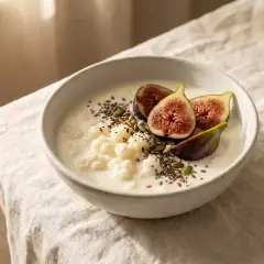 Un tazón de kéfir cremoso con higos frescos y semillas. ¡Una delicia que algunos creen que el kéfir engorda!