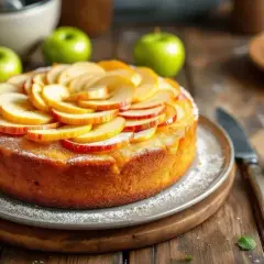 Un délicieux moelleux aux pommes, garni de fines tranches de pommes fraîches, saupoudré de sucre glace. Des pommes vertes entières et une petite feuille de menthe complètent cette scène gourmande.