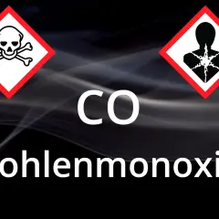Gefahrensymbole für Giftigkeit und Gesundheitsgefahr neben "CO Kohlenmonoxid" auf rauchigem Hintergrund. Warnung vor Anzeichen von Rauchvergiftung.