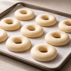 Nueve donuts caseros crudos en una bandeja para hornear, listos para ser horneados y decorados.