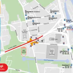 Mapa komunikacji miejskiej w Warszawie. Widoczne przystanki autobusowe, w tym autobus 162, oraz Stadion Legii.