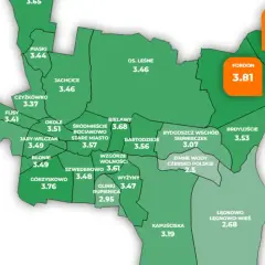Mapa Bydgoszczy z podziałem na dzielnice i ocenami.