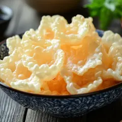 Krabbenchips selber machen: knusprige, goldgelbe Snacks in einer blauen Schale, daneben Garnelen und Sojasauce.