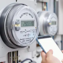 Cyfrowy licznik energii elektrycznej z odczytem 290.559. Obok smartfon, który może pomóc w tym, jak obliczyć zużycie prądu z licznika.